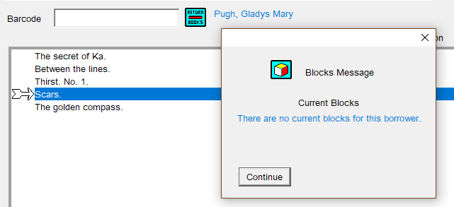 Pop-up window saying that there are no current blocks for this borrower