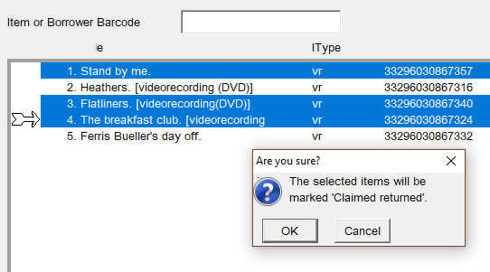 Snapshot of checkout window, with items selected and pop-up confirming that the user wants to mark the item as ‘Claim Returned’