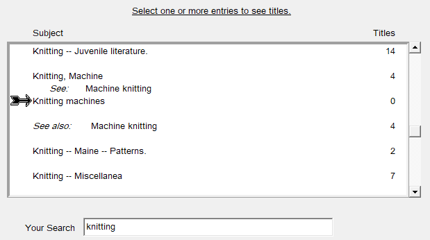 Search results for a subject browse for ‘knitting’