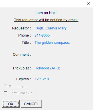 Pop-up message telling the user to place an item on hold for a borrower