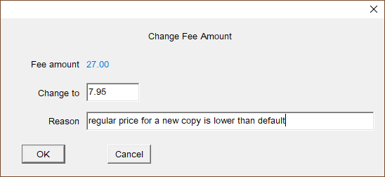 Pop-up allowing the user to change the amount for a fee