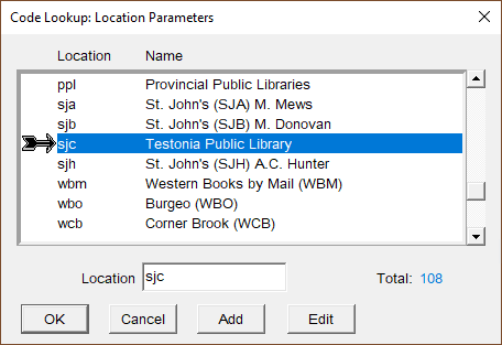 Pop-up window which lets the user see and select location codes