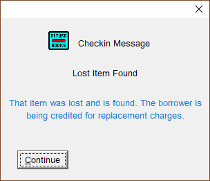 Pop-up message in the checkin window, saying that a lost item has been found