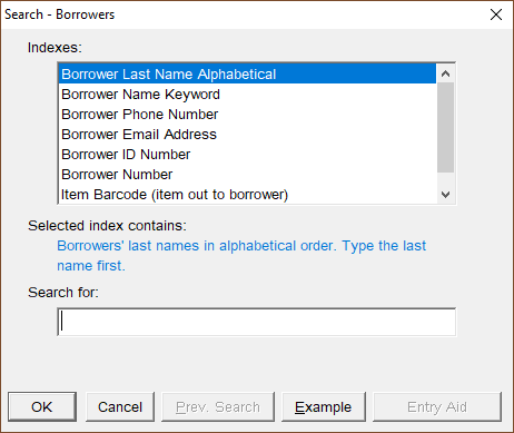 Search window for borrower details