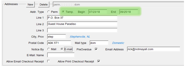 Borrower record with temporary address fields highlighted