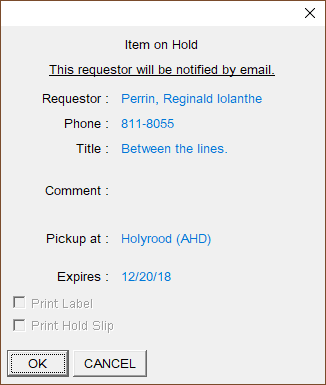 Pop-up message telling the user that the item is on hold for a borrower