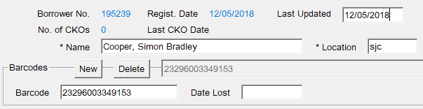 Borrower Edit window showing name and library card barcode