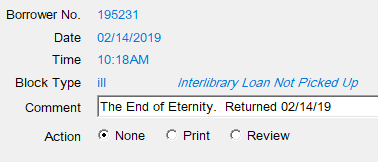 Block creation screen letting the user say that an ILL item was not picked up by the borrower