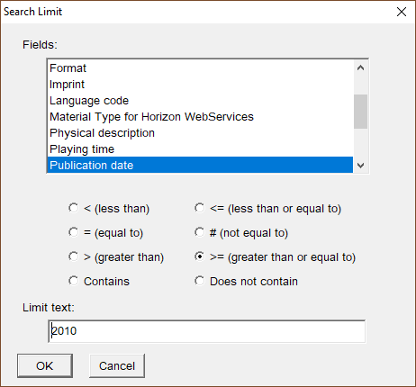 Pop-up box that lets the user choose how to limit a search, such as by publication date range