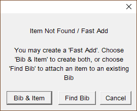 Pop-up message telling the user that the item just scanned in cannot be found in the collection, and asking if they wish to create a fast-add record