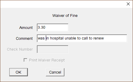 Pop-up box allowing the user to waive a fine