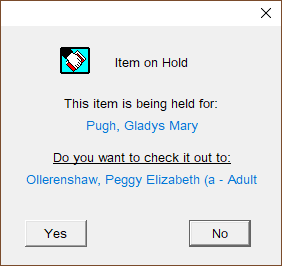 Pop-up message asking if the user wants to check out a held item to another borrower