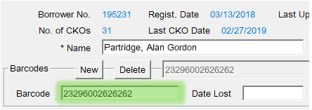 Barcode field highlighted in borrower record