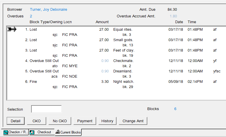 Current Blocks window, with different types of blocks showing