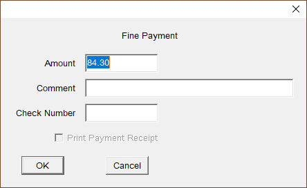 Fine Payment pop-up window allowing the user to record that a fine has been paid