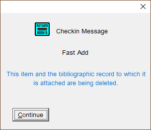 Pop-up message saying that a fast add record is being deleted