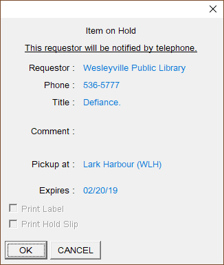 Pop-up window telling the user that an item just checked in is being placed on hold for another library