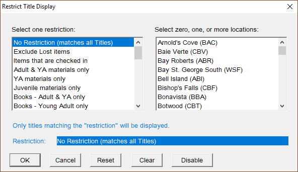 Restrict Title Dislpay pop-up, that lets the user restrict a search by collection or location