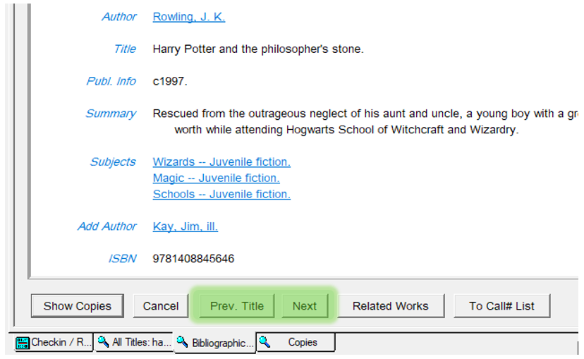Next and Prev Title buttons highlighted