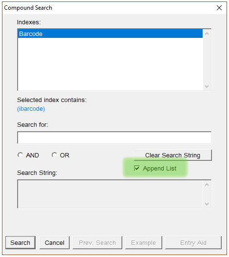 Compound Search pop-up box which allows the user to perform searches over multiple indices