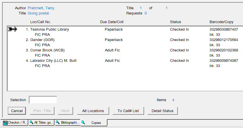 Window showing all copies in the collection of a chosen title