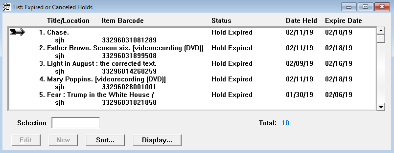 List of expired and cancelled holds