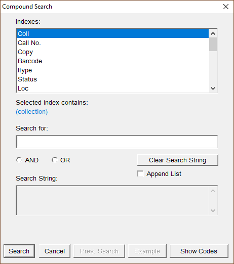 Pop-up box that lets the user perform a compound search for items