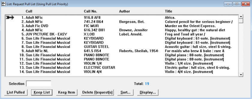 The Pull List, with results sorted by collection, call number, author and title