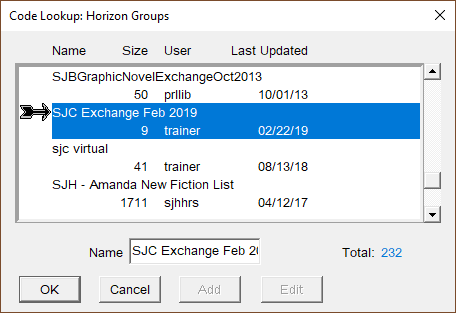 Pop-up box which allows the user to select a group to retrieve from a list