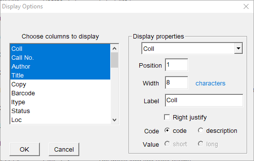 Display results options, with first 4 columns selected