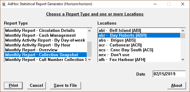 Pop-up box that lets the user select which Adhoc Statistical Report to generate