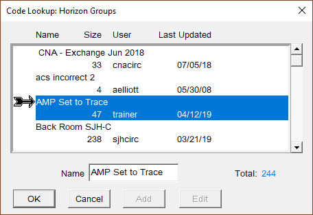 Pop-up box which allows the user to select a group to retrieve from a list