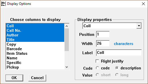 Pop-up box that lets the user choose which columns to display in the Pull List window, with the first 4 columns highlighted